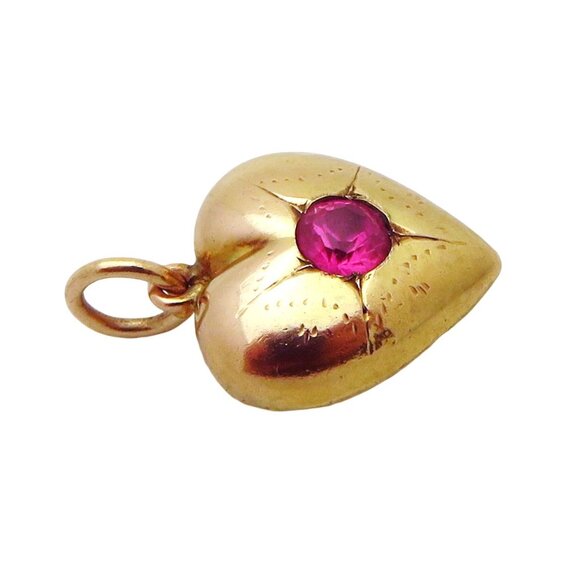 Vintage 14K Yellow Gold Starburst Design Heart with Ruby Charm Pendant - Picture 6 of 8